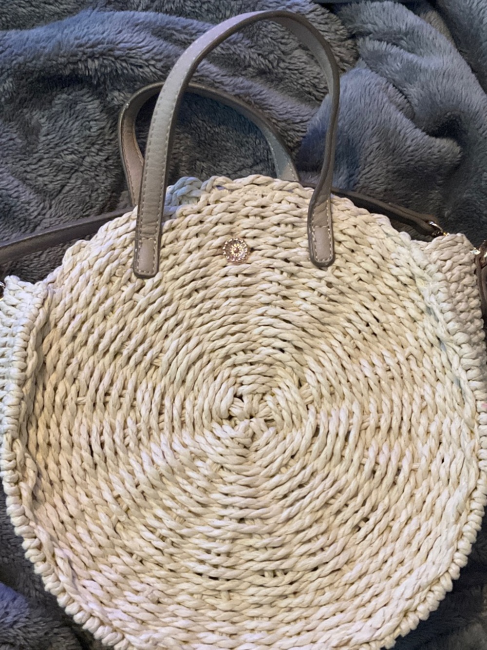 Round Woven Tote in Cream with Taupe Handles